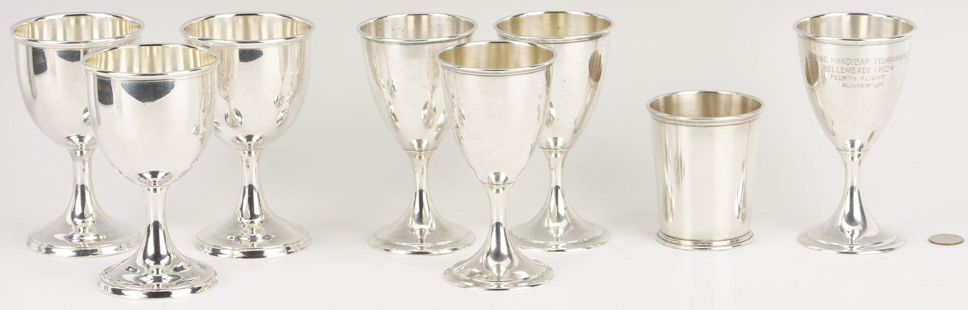 Lot 615: 7 Sterling Silver Goblets Incl. Bellemeade Golf Trophy Plus Julep Cup