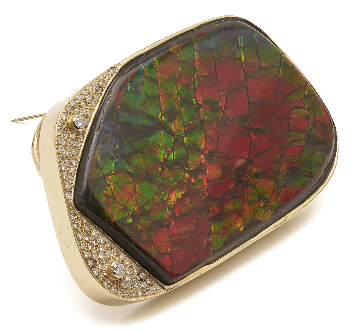 Lot 61: 14K Gold Pendant or Brooch w/ Large Ammolite Stone