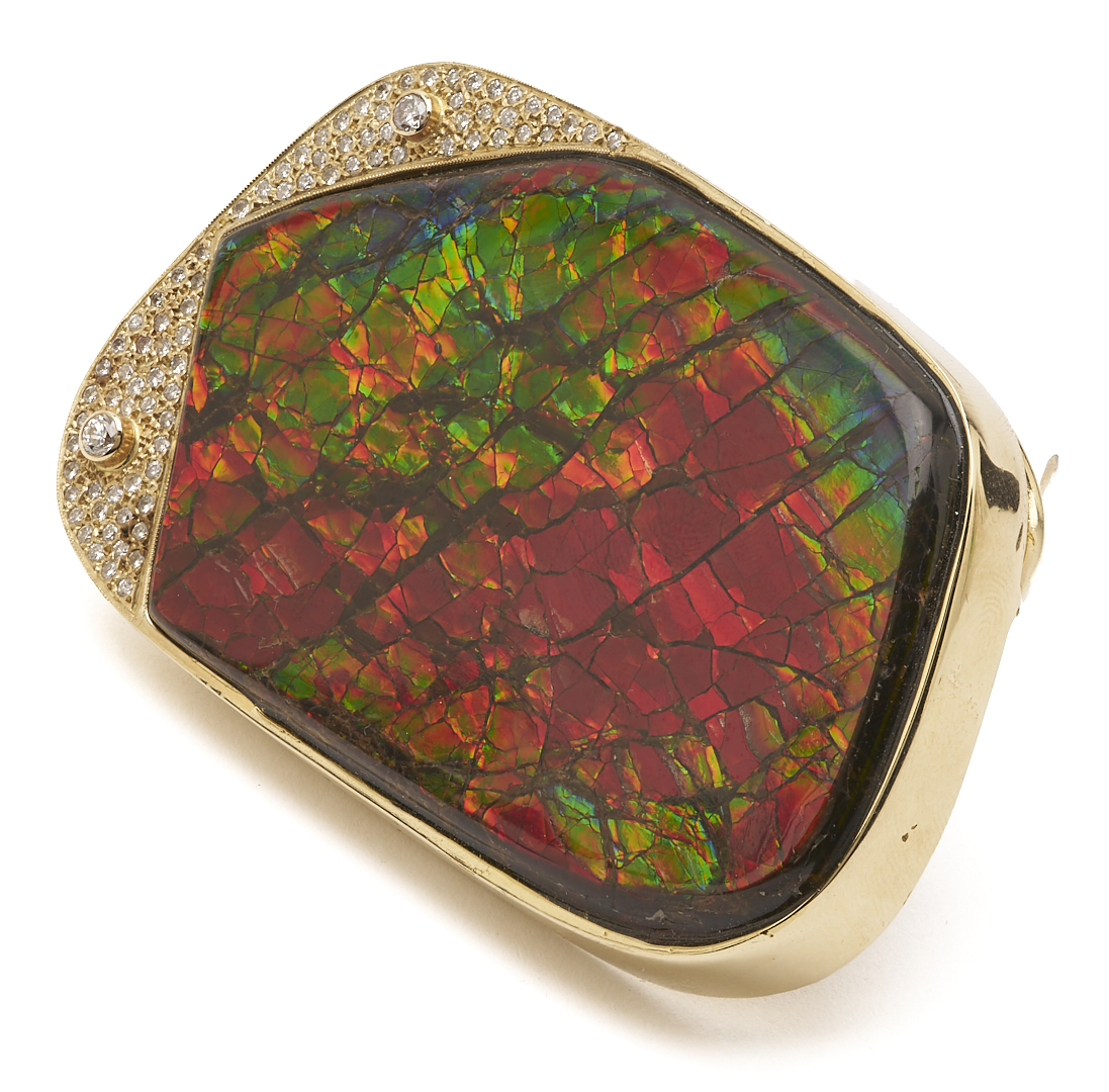 Lot 61: 14K Gold Pendant or Brooch w/ Large Ammolite Stone