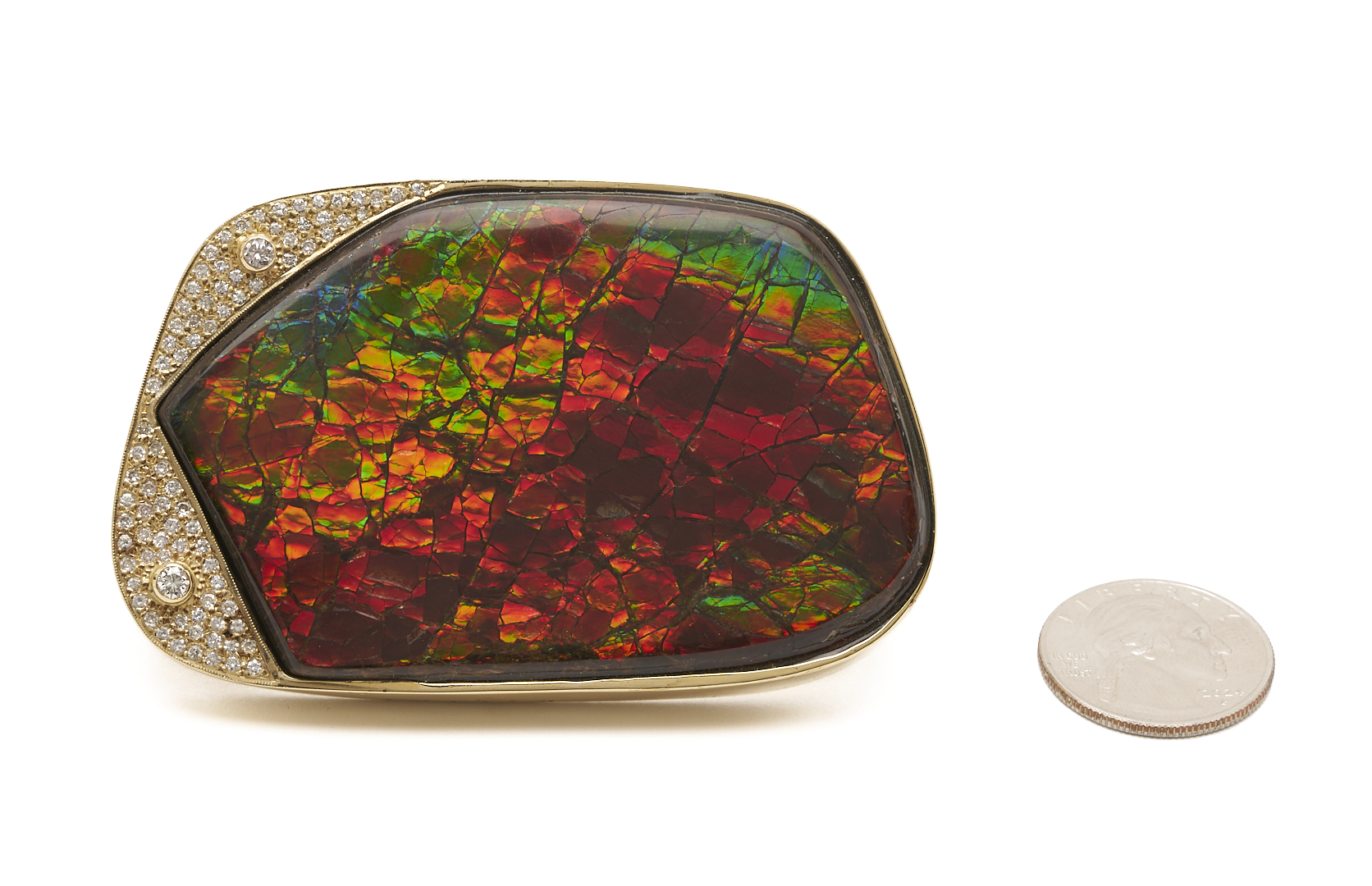 Lot 61: 14K Gold Pendant or Brooch w/ Large Ammolite Stone