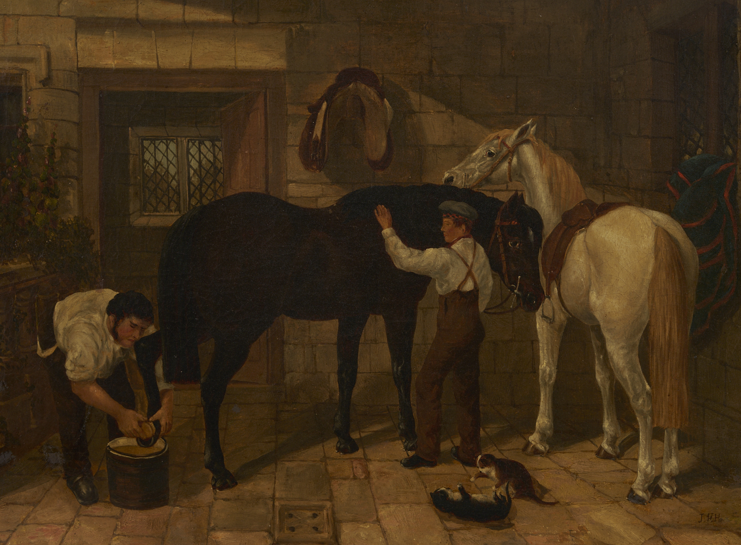 Lot 628: After John Frederick Herring Jr. O/C Painting, Horse Stable