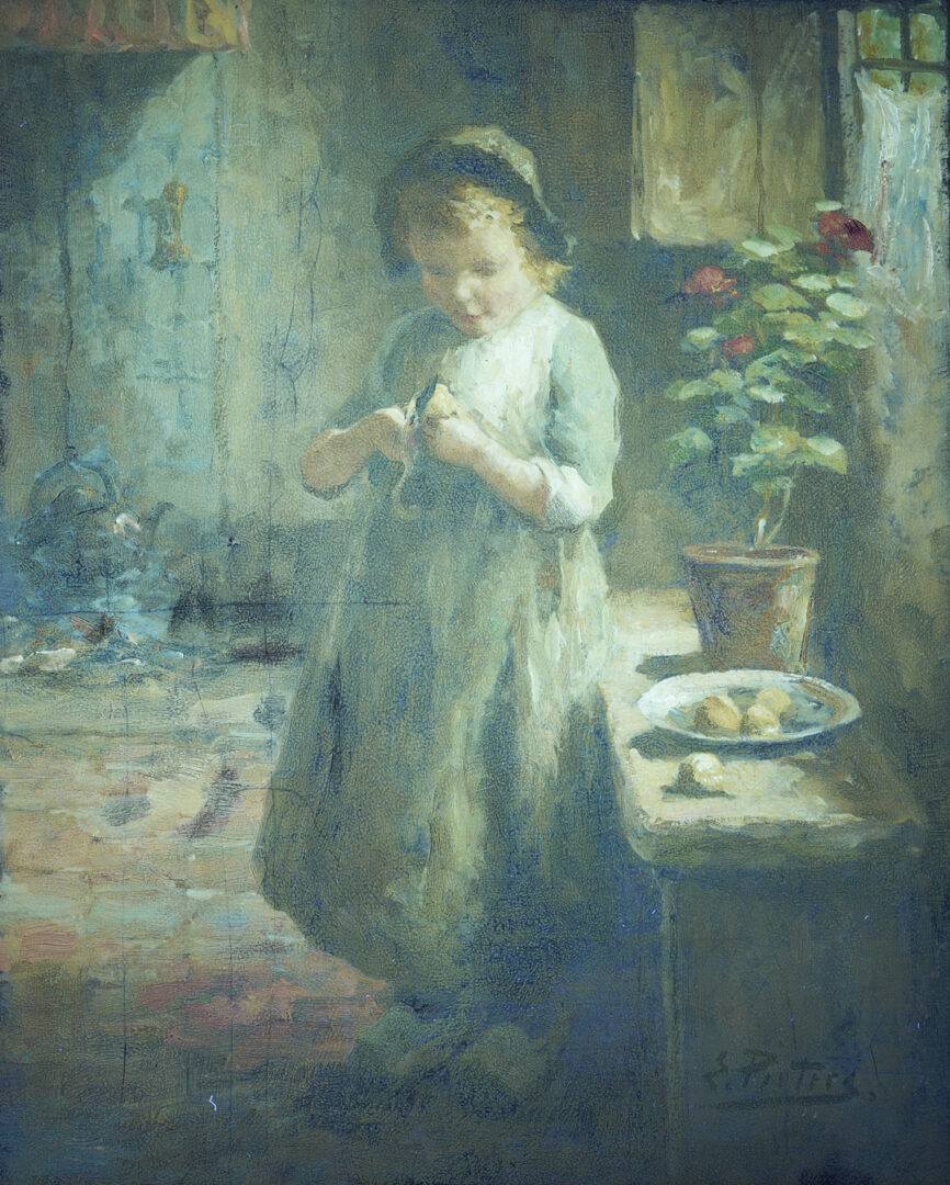 Lot 629: Evert Pieters Oil Painting, Peeling Potatoes