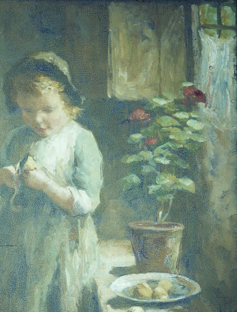 Lot 629: Evert Pieters Oil Painting, Peeling Potatoes