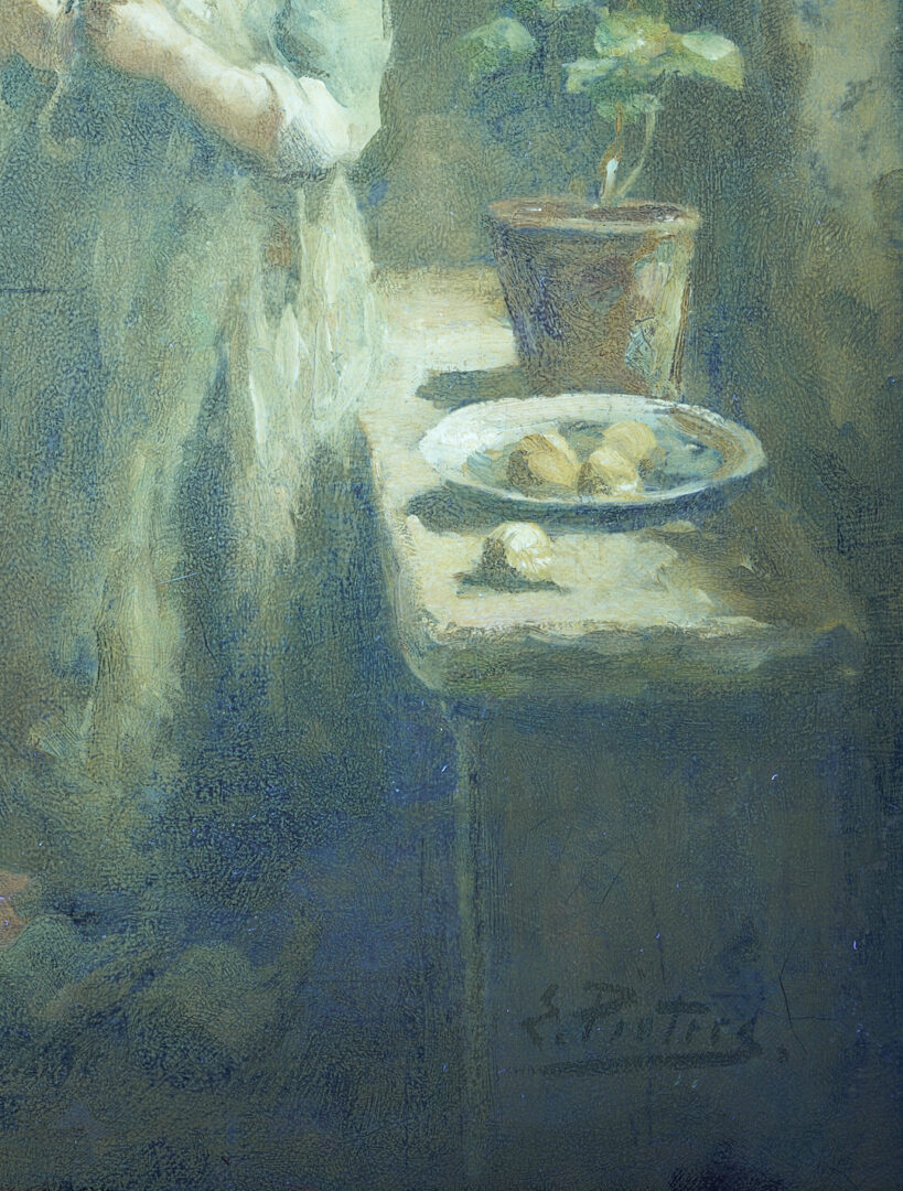 Lot 629: Evert Pieters Oil Painting, Peeling Potatoes