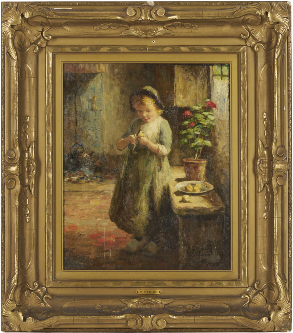 Lot 629: Evert Pieters Oil Painting, Peeling Potatoes