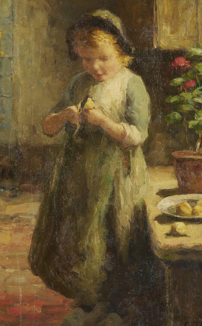 Lot 629: Evert Pieters Oil Painting, Peeling Potatoes