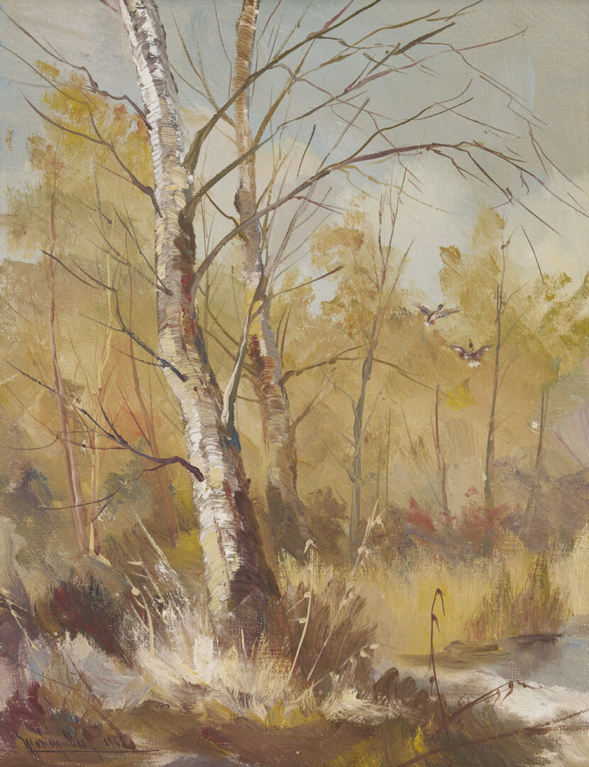 Lot 657: Marion Bryant Cook Oil Painting, Landscape with Ducks in Flight