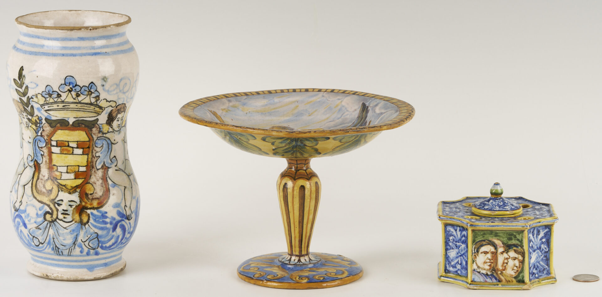 Lot 660: 3 Antique Polychrome Faience Items: Albarello, Tazza, Inkwell