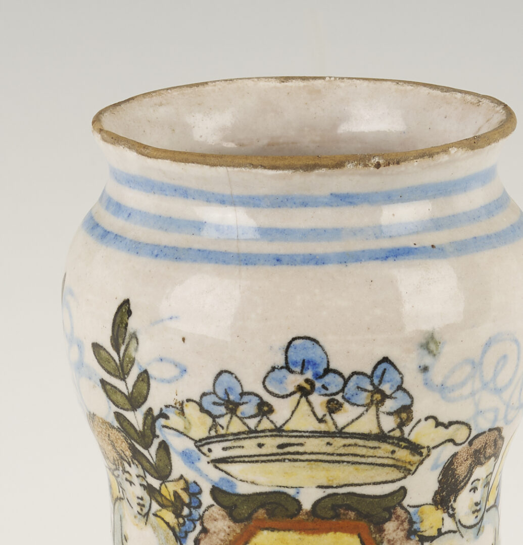 Lot 660: 3 Antique Polychrome Faience Items: Albarello, Tazza, Inkwell