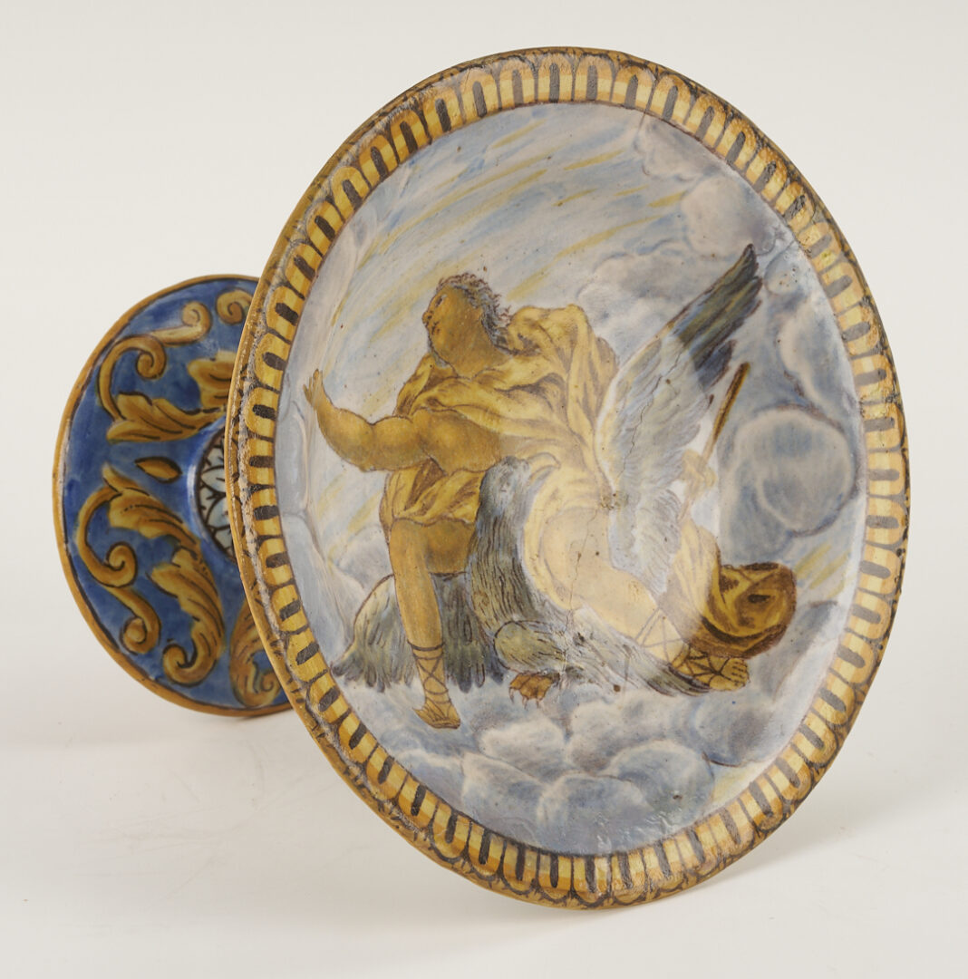 Lot 660: 3 Antique Polychrome Faience Items: Albarello, Tazza, Inkwell