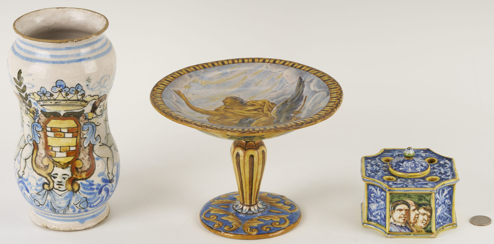 Lot 660: 3 Antique Polychrome Faience Items: Albarello, Tazza, Inkwell
