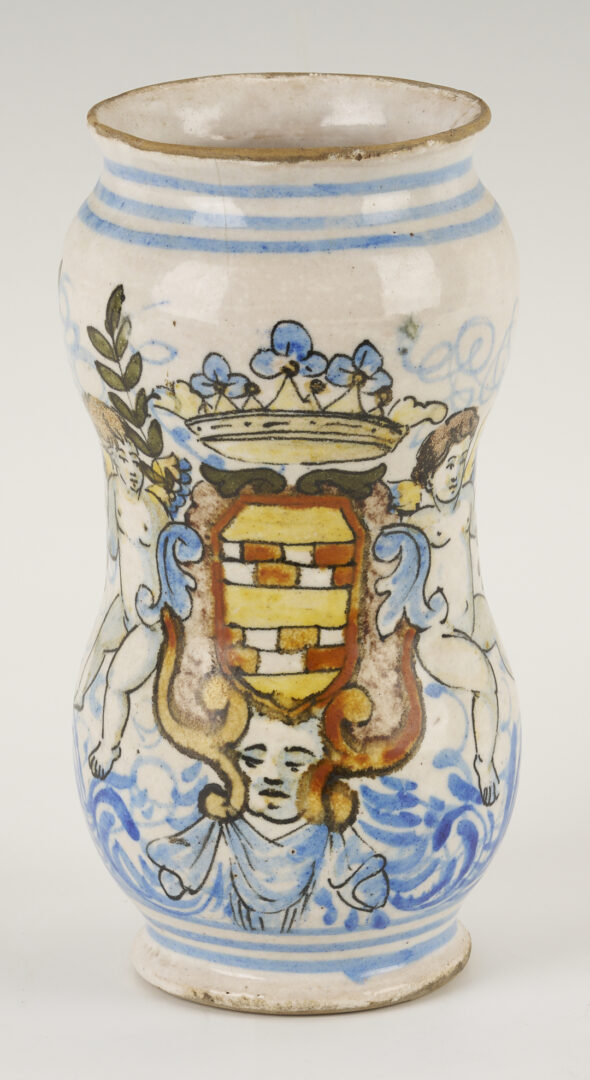 Lot 660: 3 Antique Polychrome Faience Items: Albarello, Tazza, Inkwell