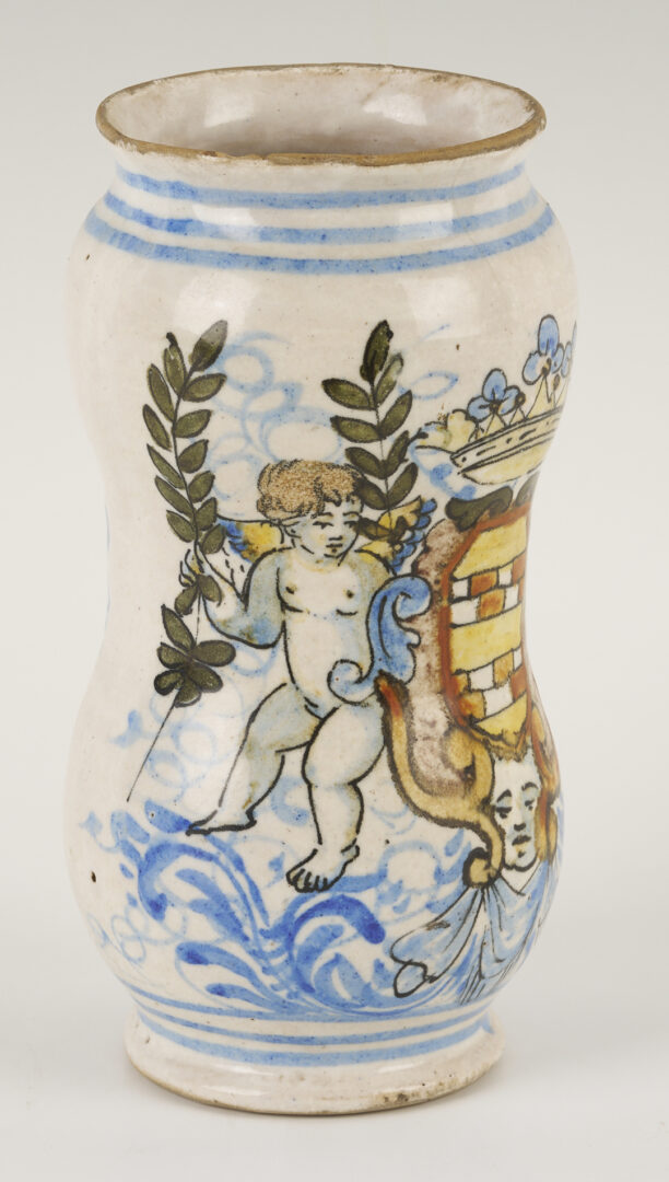 Lot 660: 3 Antique Polychrome Faience Items: Albarello, Tazza, Inkwell