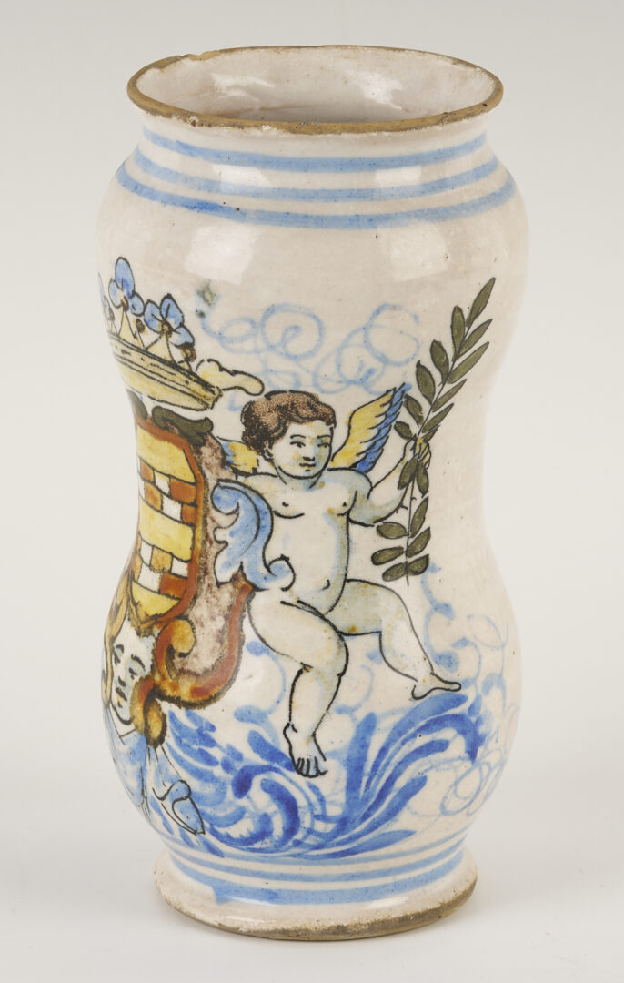 Lot 660: 3 Antique Polychrome Faience Items: Albarello, Tazza, Inkwell