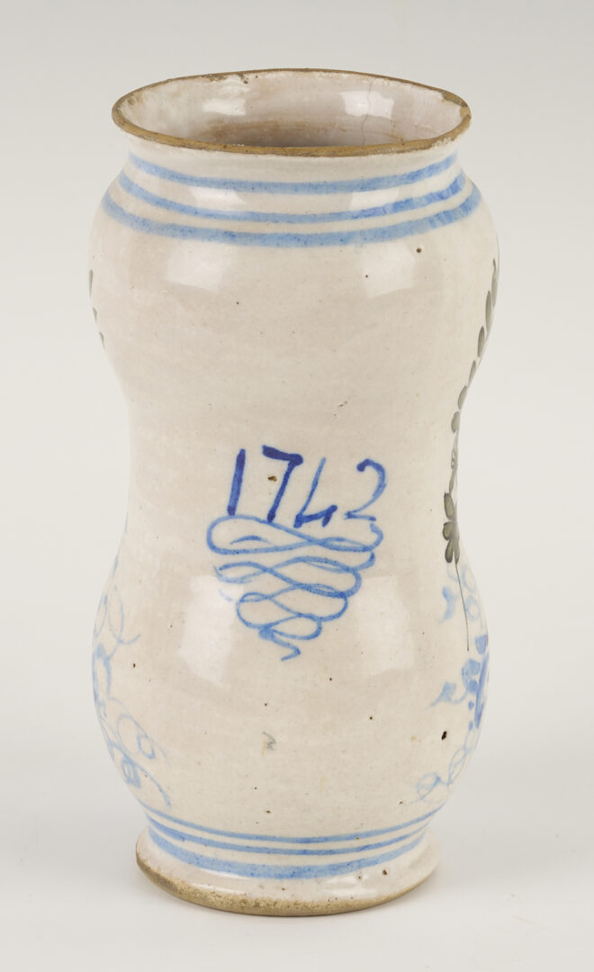 Lot 660: 3 Antique Polychrome Faience Items: Albarello, Tazza, Inkwell