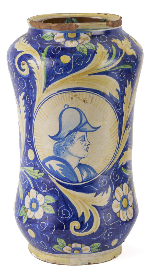 Lot 661: Pair Italian Faience Maiolica Albarello Portrait Jars