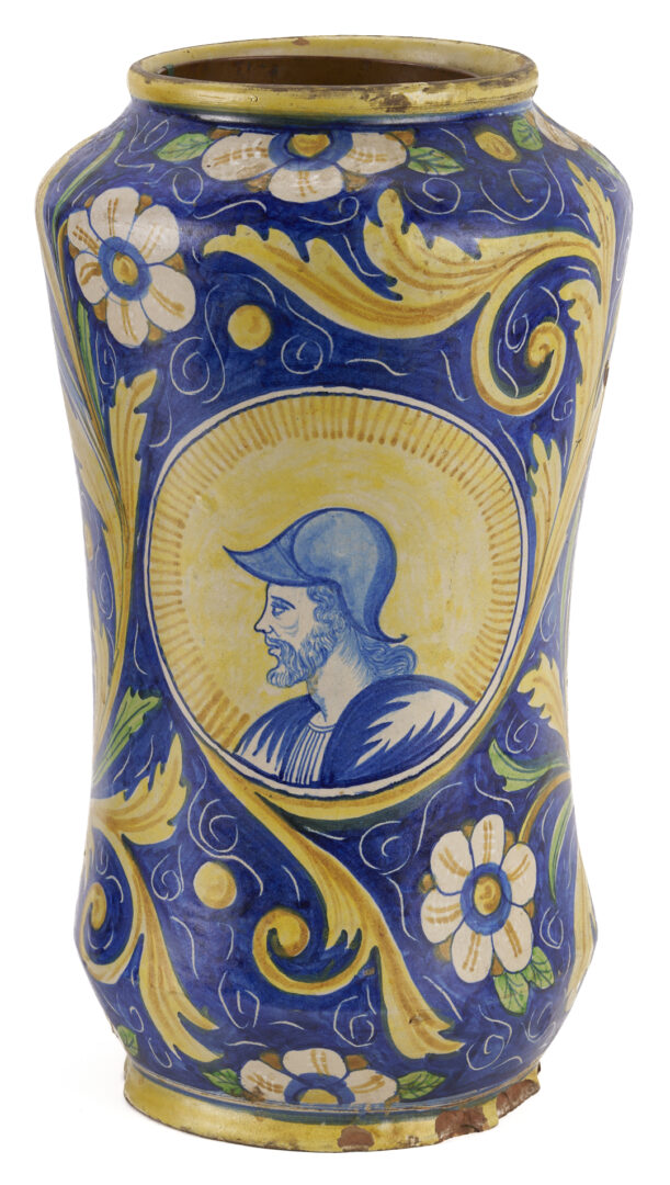 Lot 661: Pair Italian Faience Maiolica Albarello Portrait Jars