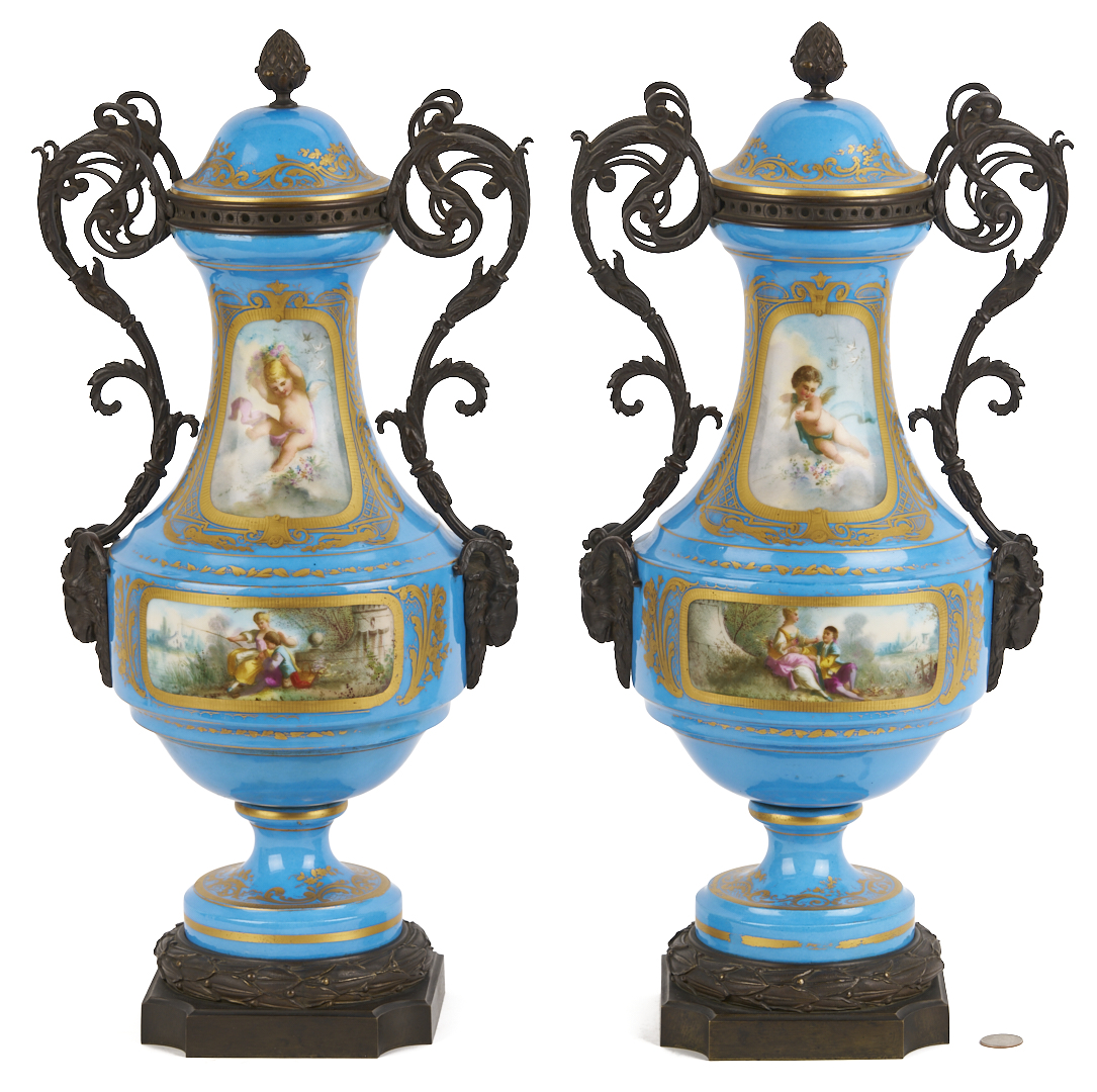 Lot 662: Pair of French Sevres Style Porcelain Urns