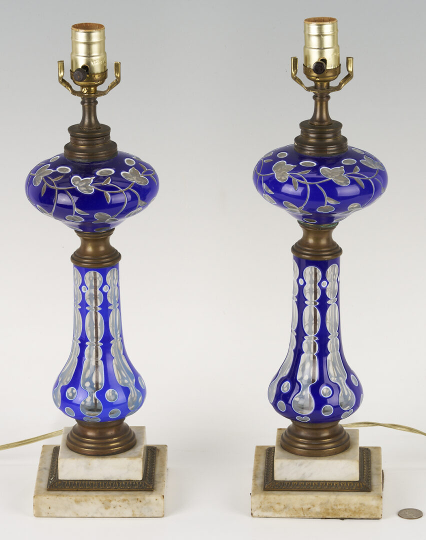 Lot 663: Pair of Victorian Cobalt Double Overlay Glass Lamps