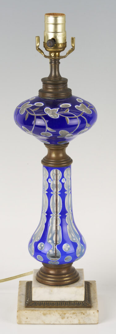 Lot 663: Pair of Victorian Cobalt Double Overlay Glass Lamps