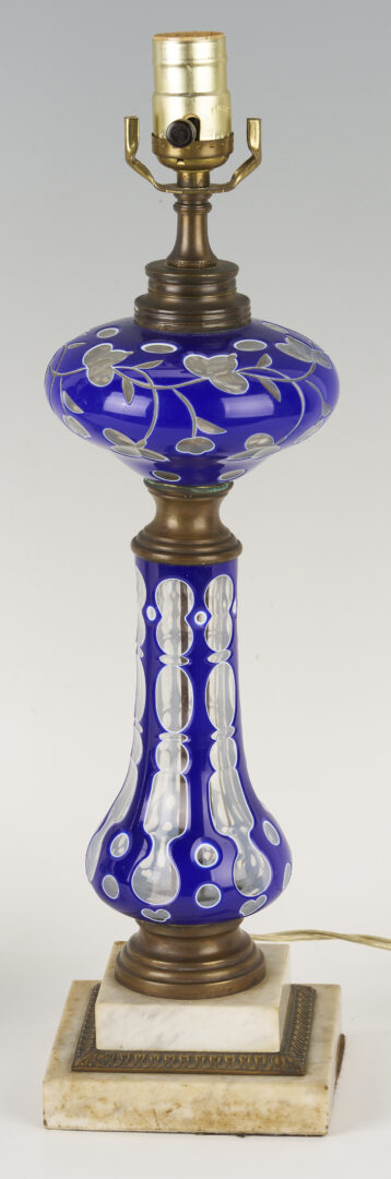 Lot 663: Pair of Victorian Cobalt Double Overlay Glass Lamps