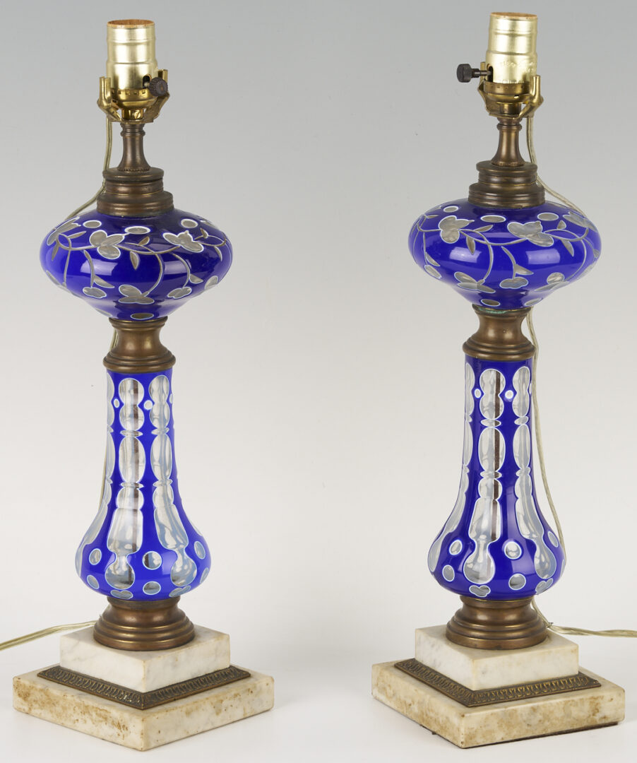 Lot 663: Pair of Victorian Cobalt Double Overlay Glass Lamps