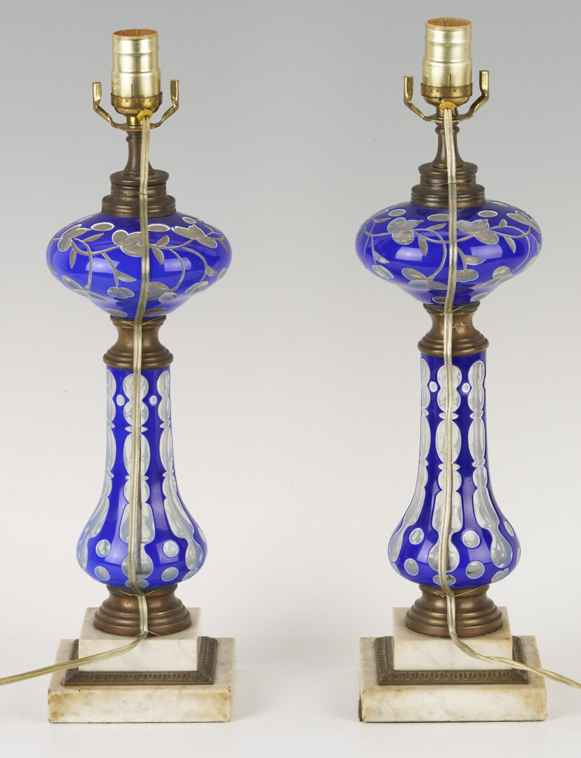 Lot 663: Pair of Victorian Cobalt Double Overlay Glass Lamps