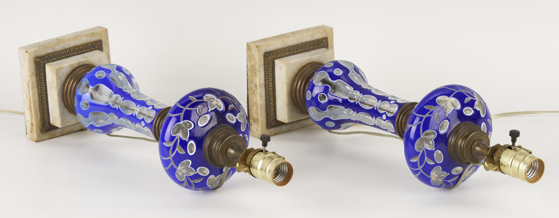 Lot 663: Pair of Victorian Cobalt Double Overlay Glass Lamps