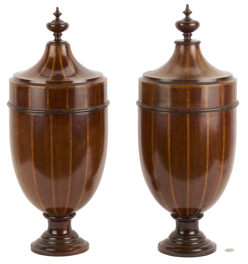 Lot 664: Pair George III Style Inlaid Mahogany Knife Box Urns