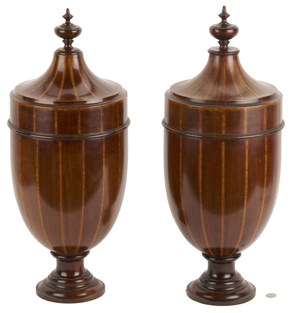 Lot 664: Pair George III Style Inlaid Mahogany Knife Box Urns