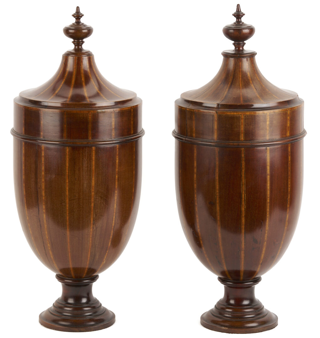 Lot 664: Pair George III Style Inlaid Mahogany Knife Box Urns