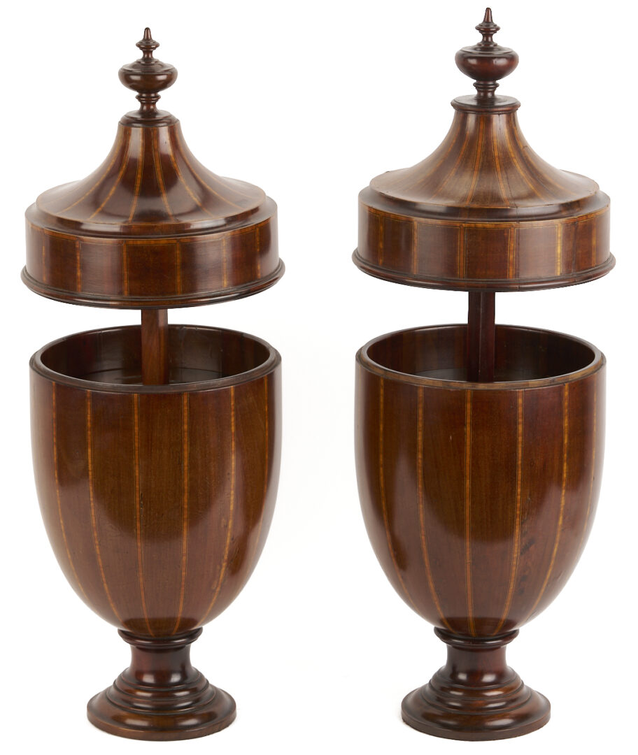 Lot 664: Pair George III Style Inlaid Mahogany Knife Box Urns