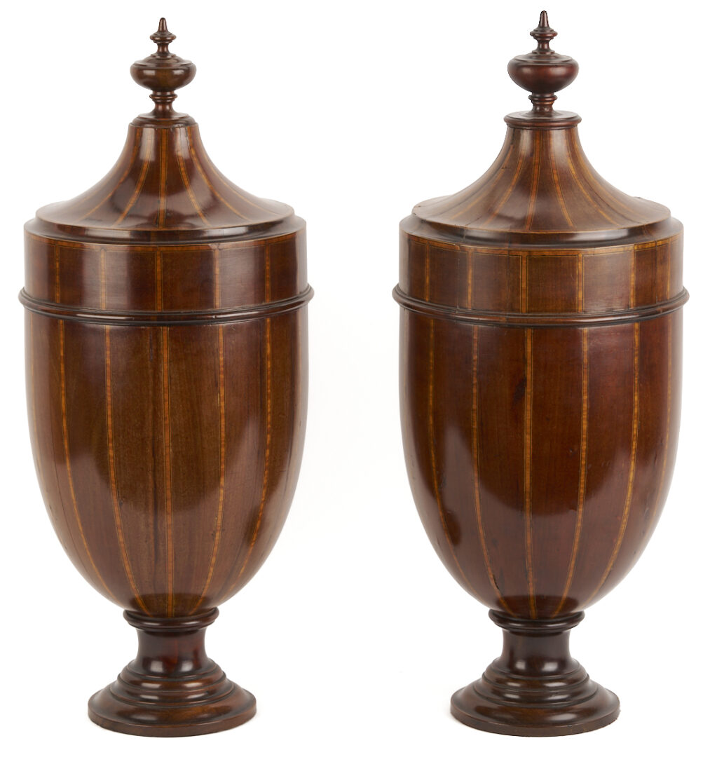 Lot 664: Pair George III Style Inlaid Mahogany Knife Box Urns