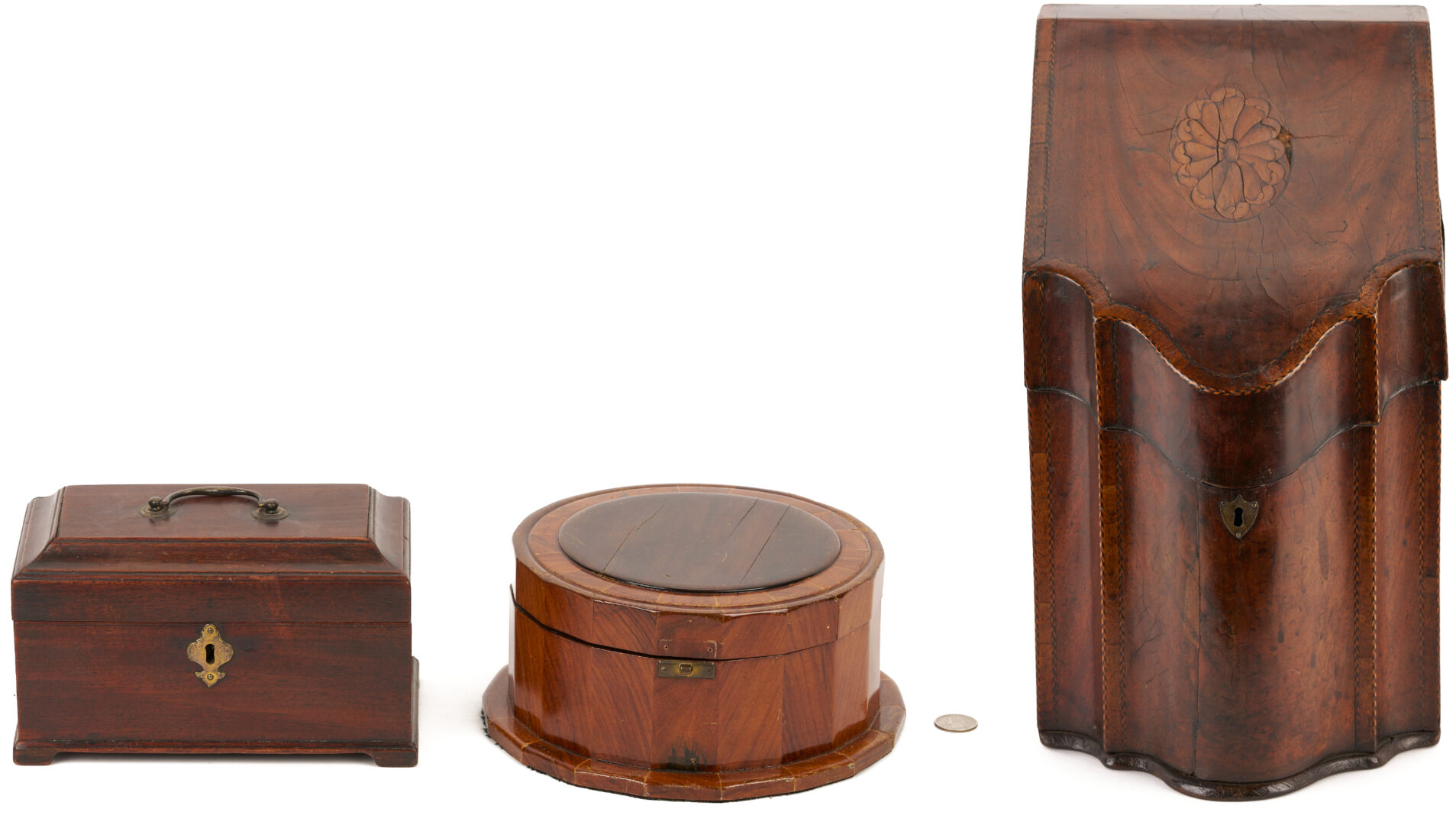 Lot 665: Mahogany Tea Caddy & Sewing or Jewelry Box and Inlaid Georgian Hepplewhite Period Knife Box