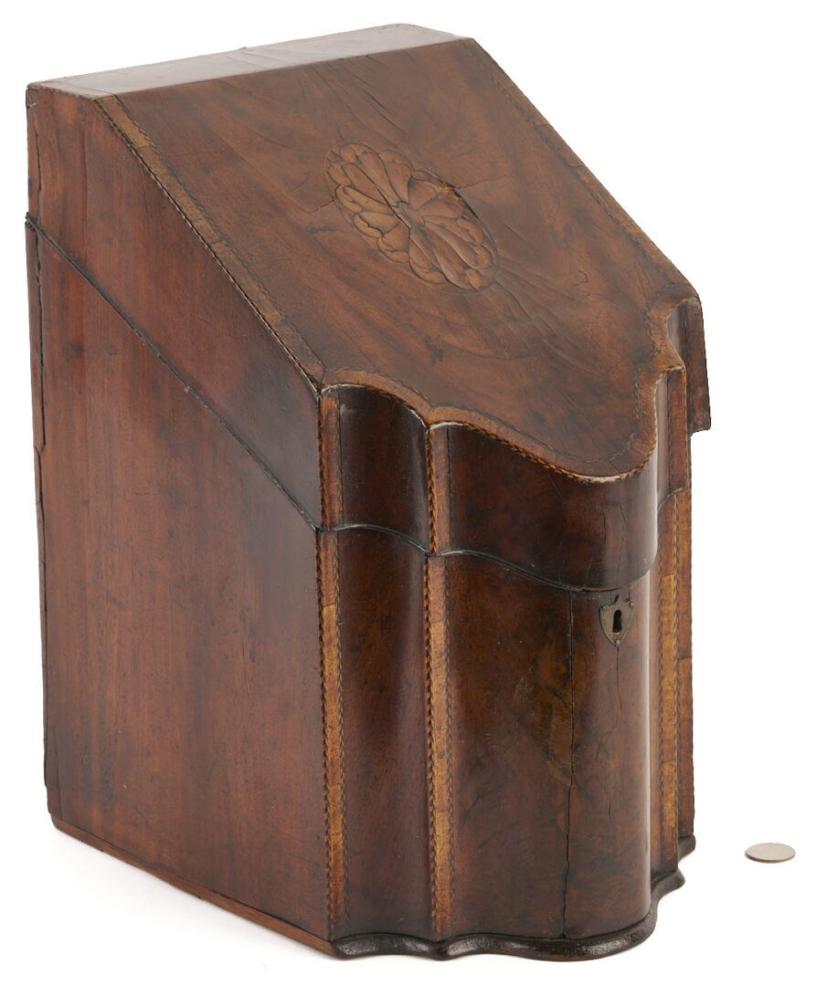 Lot 665: Mahogany Tea Caddy & Sewing or Jewelry Box and Inlaid Georgian Hepplewhite Period Knife Box