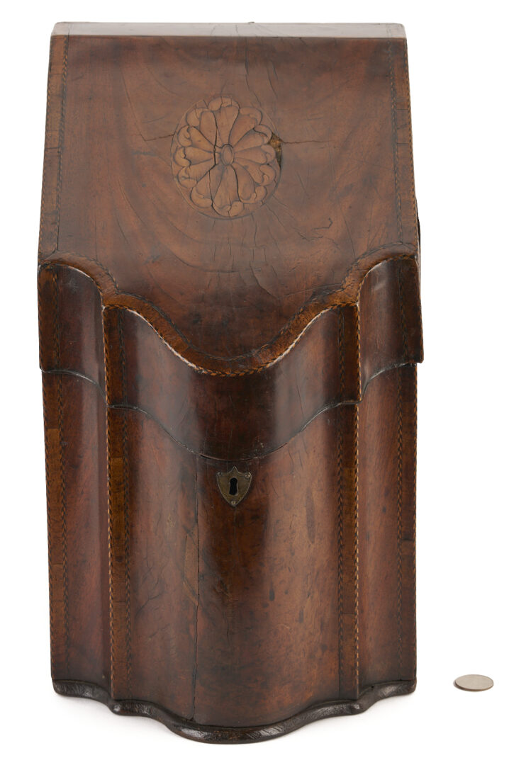 Lot 665: Mahogany Tea Caddy & Sewing or Jewelry Box and Inlaid Georgian Hepplewhite Period Knife Box