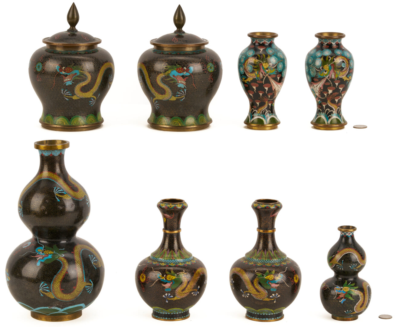 Lot 691: 2 Chinese Cloisonne “Magic Fungi” Vases plus Pair of Jars and 4 Chinese Cloisonne Vases: Garlic Head and Double Gourd form