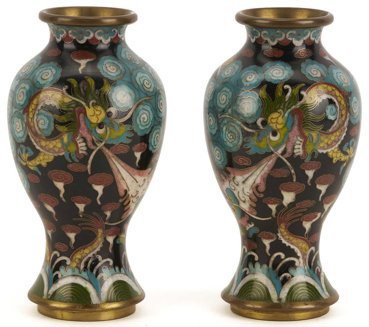 Lot 691: 2 Chinese Cloisonne “Magic Fungi” Vases plus Pair of Jars and 4 Chinese Cloisonne Vases: Garlic Head and Double Gourd form