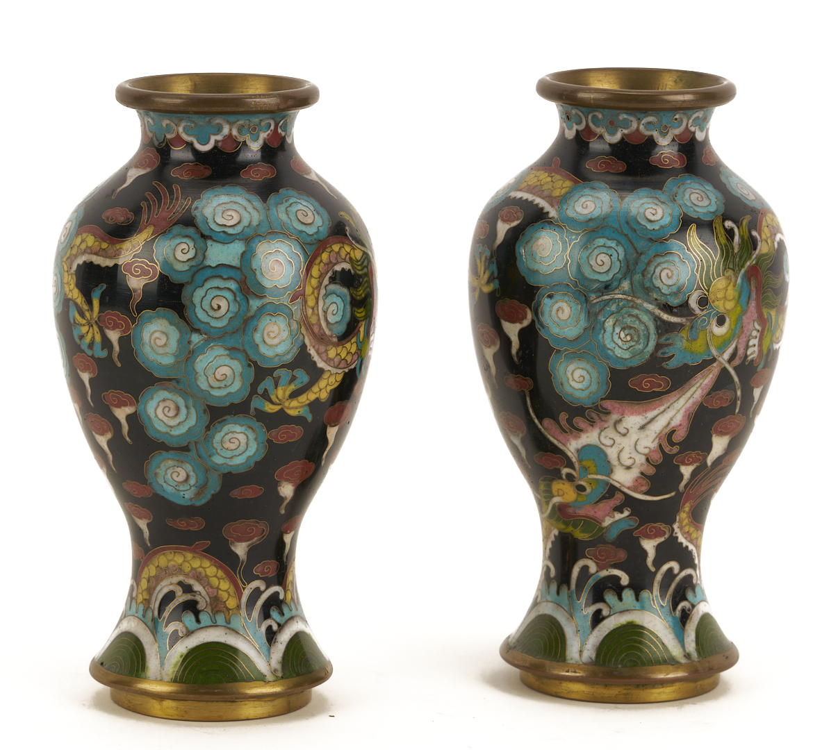 Lot 691: 2 Chinese Cloisonne “Magic Fungi” Vases plus Pair of Jars and 4 Chinese Cloisonne Vases: Garlic Head and Double Gourd form