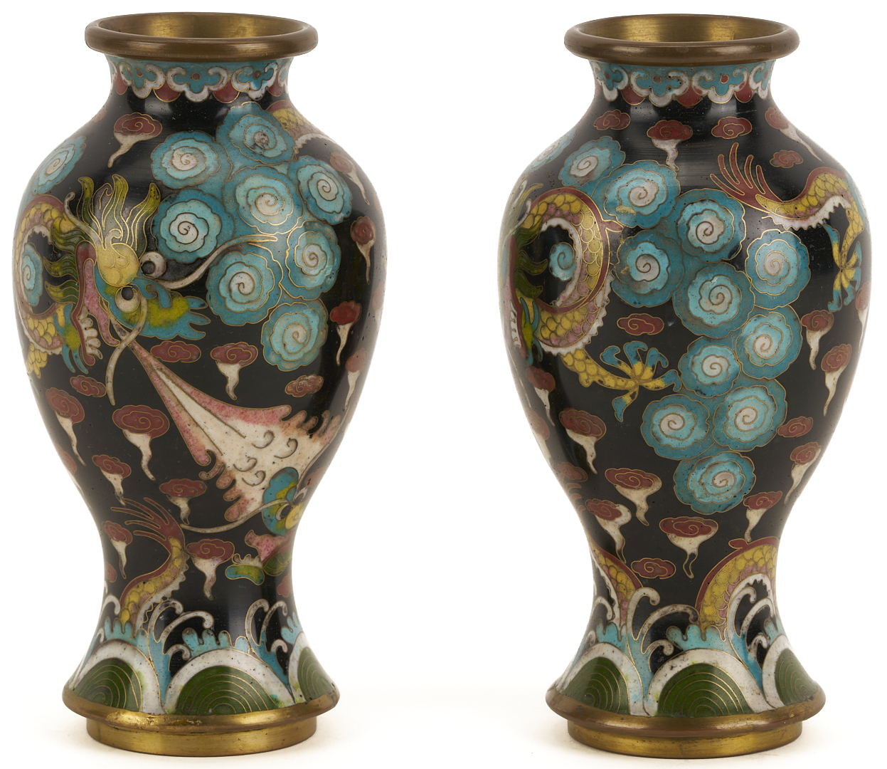 Lot 691: 2 Chinese Cloisonne “Magic Fungi” Vases plus Pair of Jars and 4 Chinese Cloisonne Vases: Garlic Head and Double Gourd form