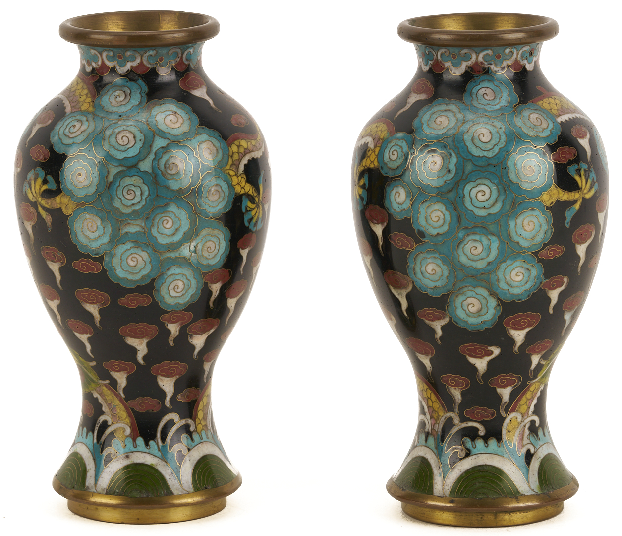 Lot 691: 2 Chinese Cloisonne “Magic Fungi” Vases plus Pair of Jars and 4 Chinese Cloisonne Vases: Garlic Head and Double Gourd form