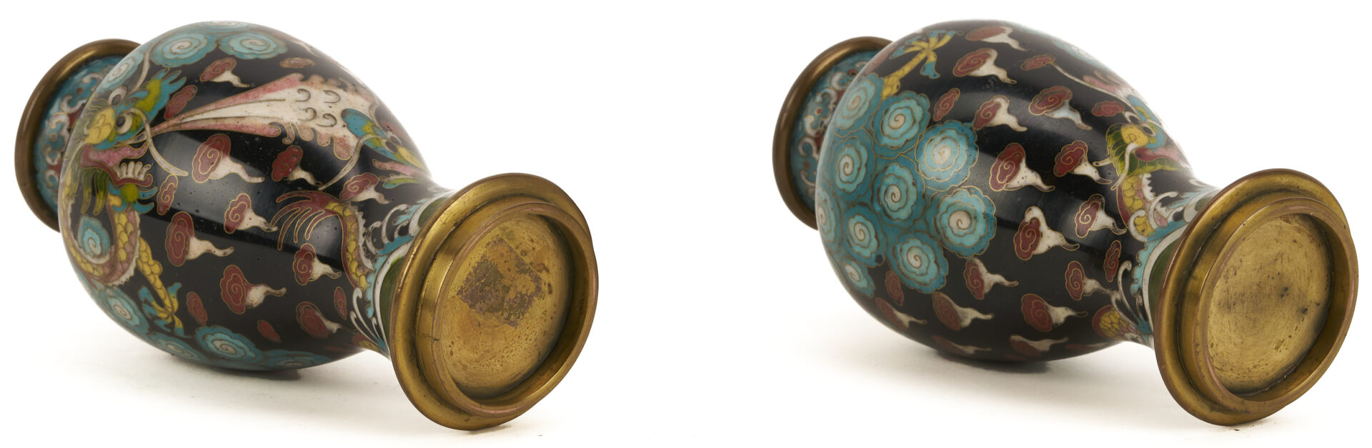 Lot 691: 2 Chinese Cloisonne “Magic Fungi” Vases plus Pair of Jars and 4 Chinese Cloisonne Vases: Garlic Head and Double Gourd form