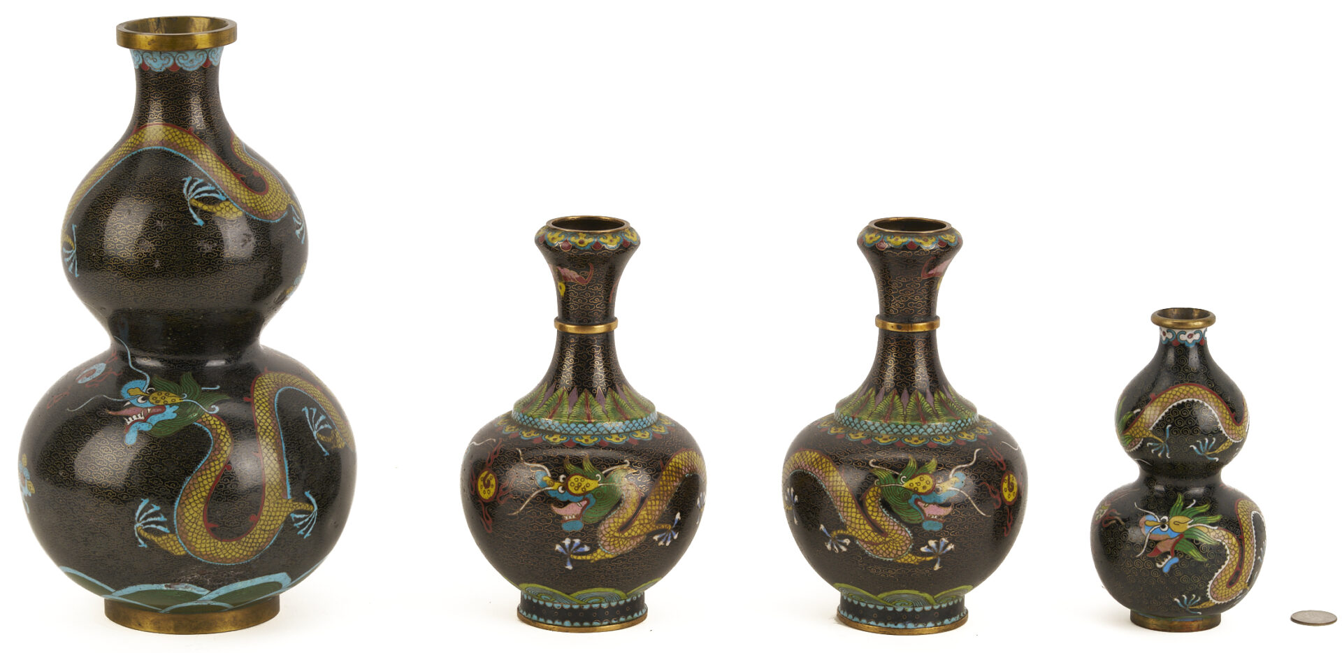Lot 691: 2 Chinese Cloisonne “Magic Fungi” Vases plus Pair of Jars and 4 Chinese Cloisonne Vases: Garlic Head and Double Gourd form