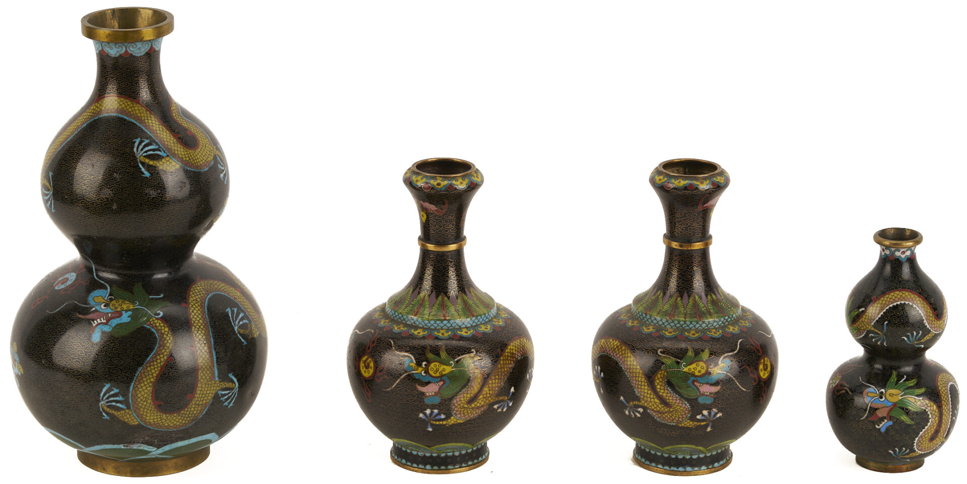 Lot 691: 2 Chinese Cloisonne “Magic Fungi” Vases plus Pair of Jars and 4 Chinese Cloisonne Vases: Garlic Head and Double Gourd form