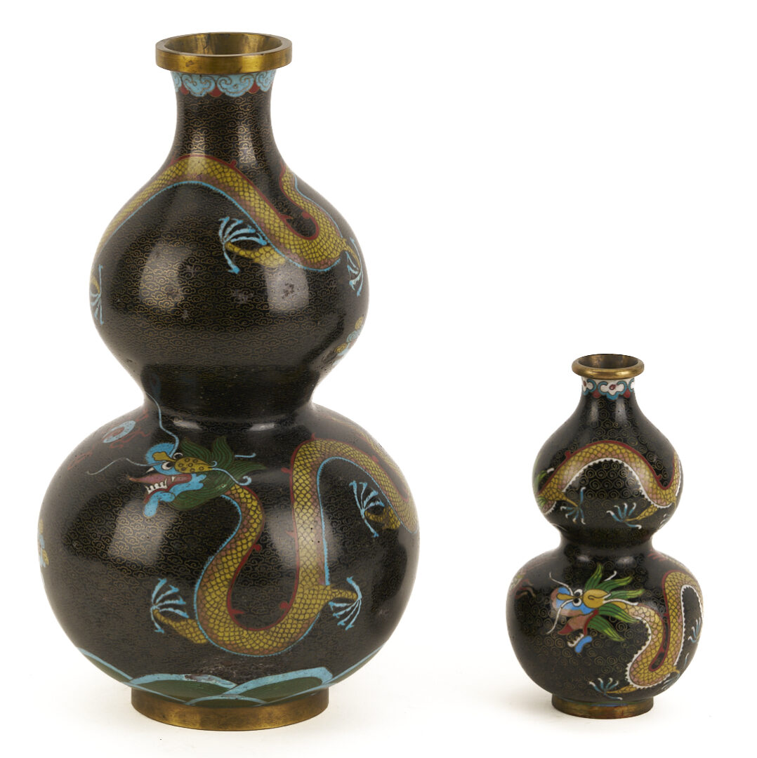 Lot 691: 2 Chinese Cloisonne “Magic Fungi” Vases plus Pair of Jars and 4 Chinese Cloisonne Vases: Garlic Head and Double Gourd form