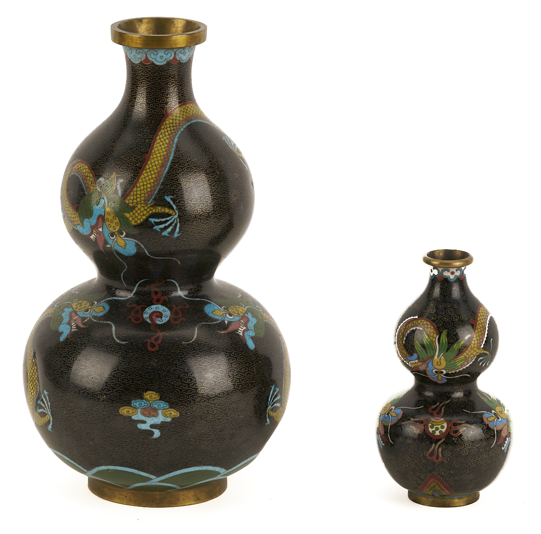 Lot 691: 2 Chinese Cloisonne “Magic Fungi” Vases plus Pair of Jars and 4 Chinese Cloisonne Vases: Garlic Head and Double Gourd form