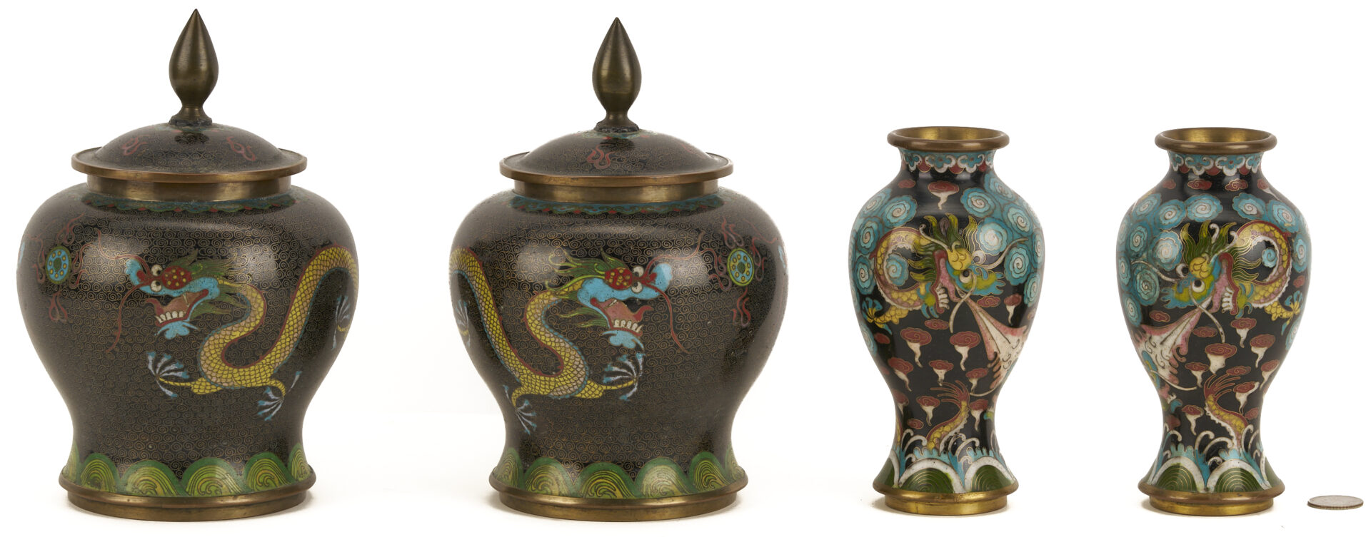 Lot 691: 2 Chinese Cloisonne “Magic Fungi” Vases plus Pair of Jars and 4 Chinese Cloisonne Vases: Garlic Head and Double Gourd form