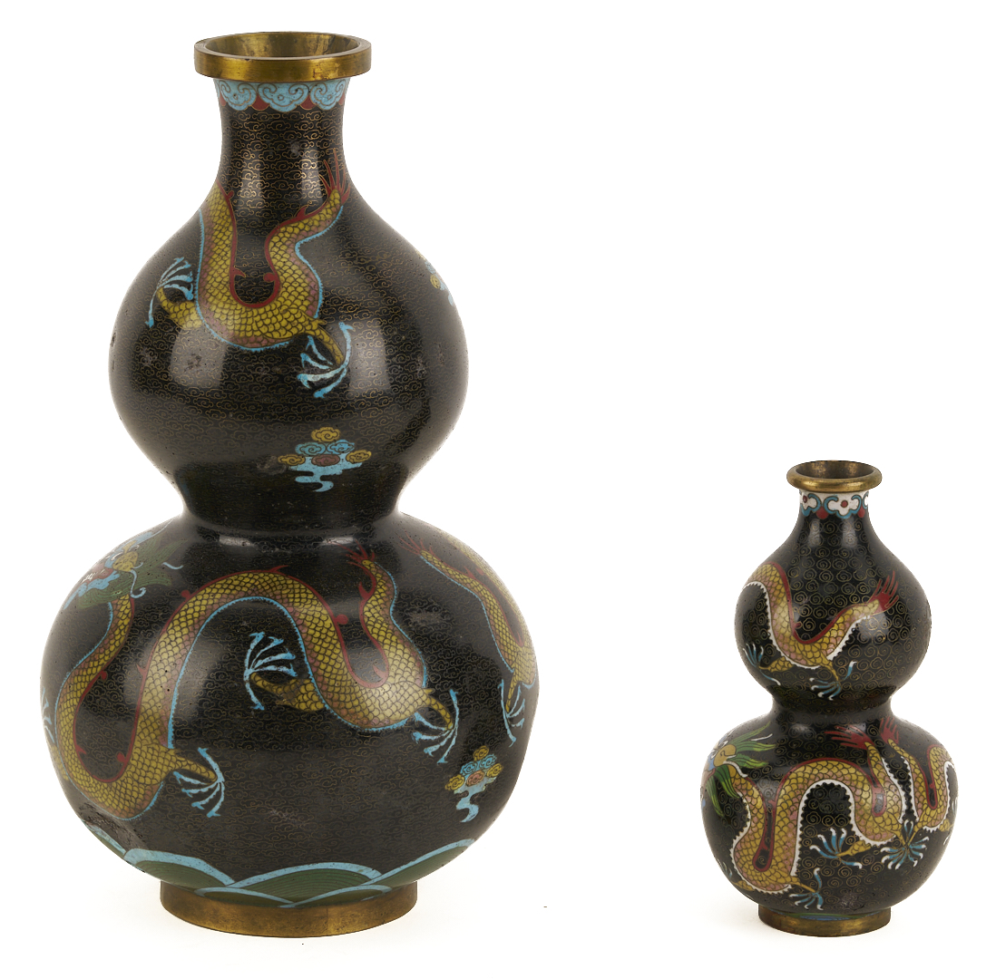 Lot 691: 2 Chinese Cloisonne “Magic Fungi” Vases plus Pair of Jars and 4 Chinese Cloisonne Vases: Garlic Head and Double Gourd form