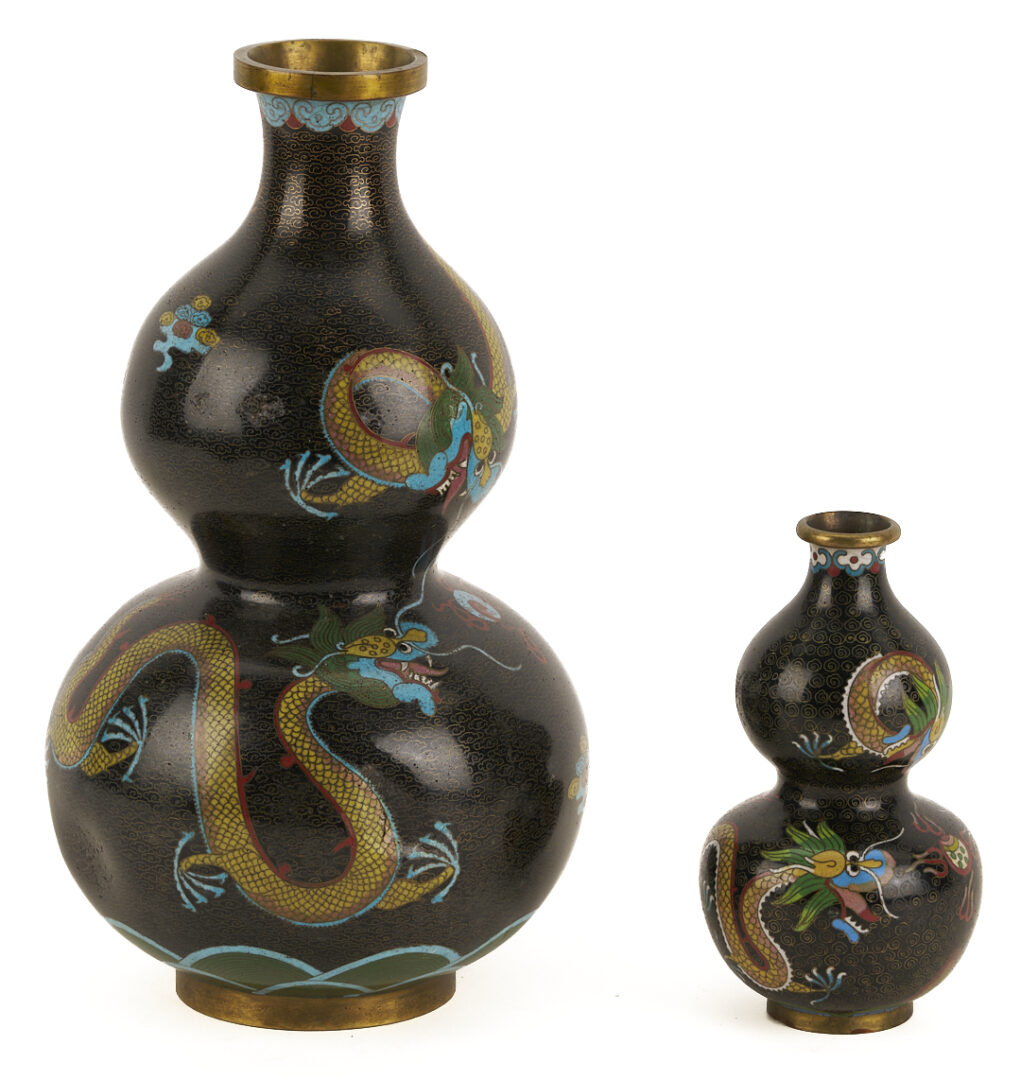 Lot 691: 2 Chinese Cloisonne “Magic Fungi” Vases plus Pair of Jars and 4 Chinese Cloisonne Vases: Garlic Head and Double Gourd form
