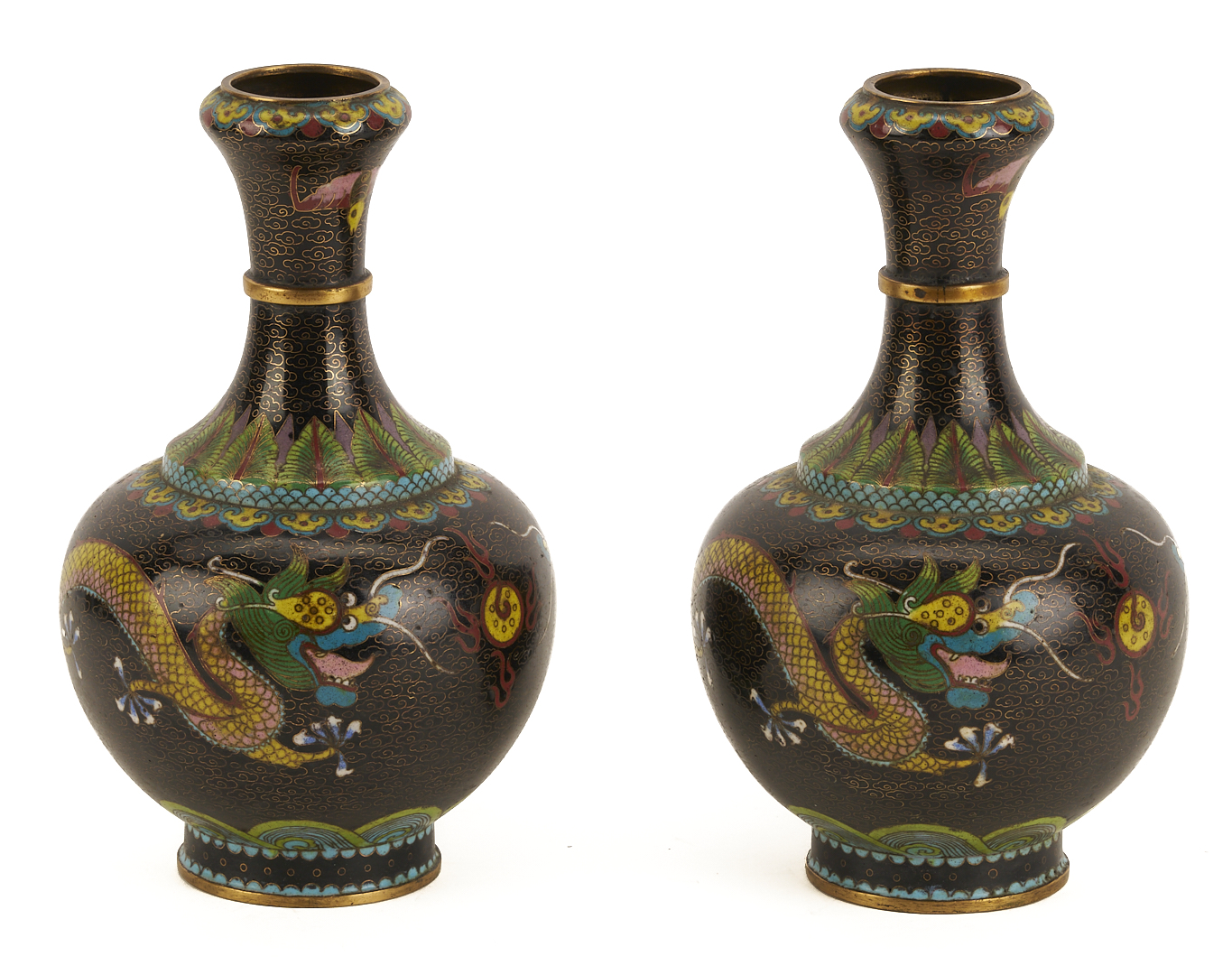 Lot 691: 2 Chinese Cloisonne “Magic Fungi” Vases plus Pair of Jars and 4 Chinese Cloisonne Vases: Garlic Head and Double Gourd form